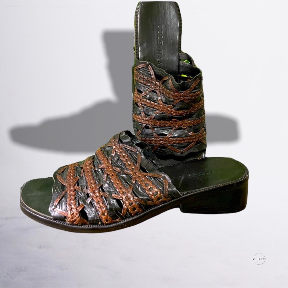 Cole Haan Black and Brown Woven Leather Slide Sandals